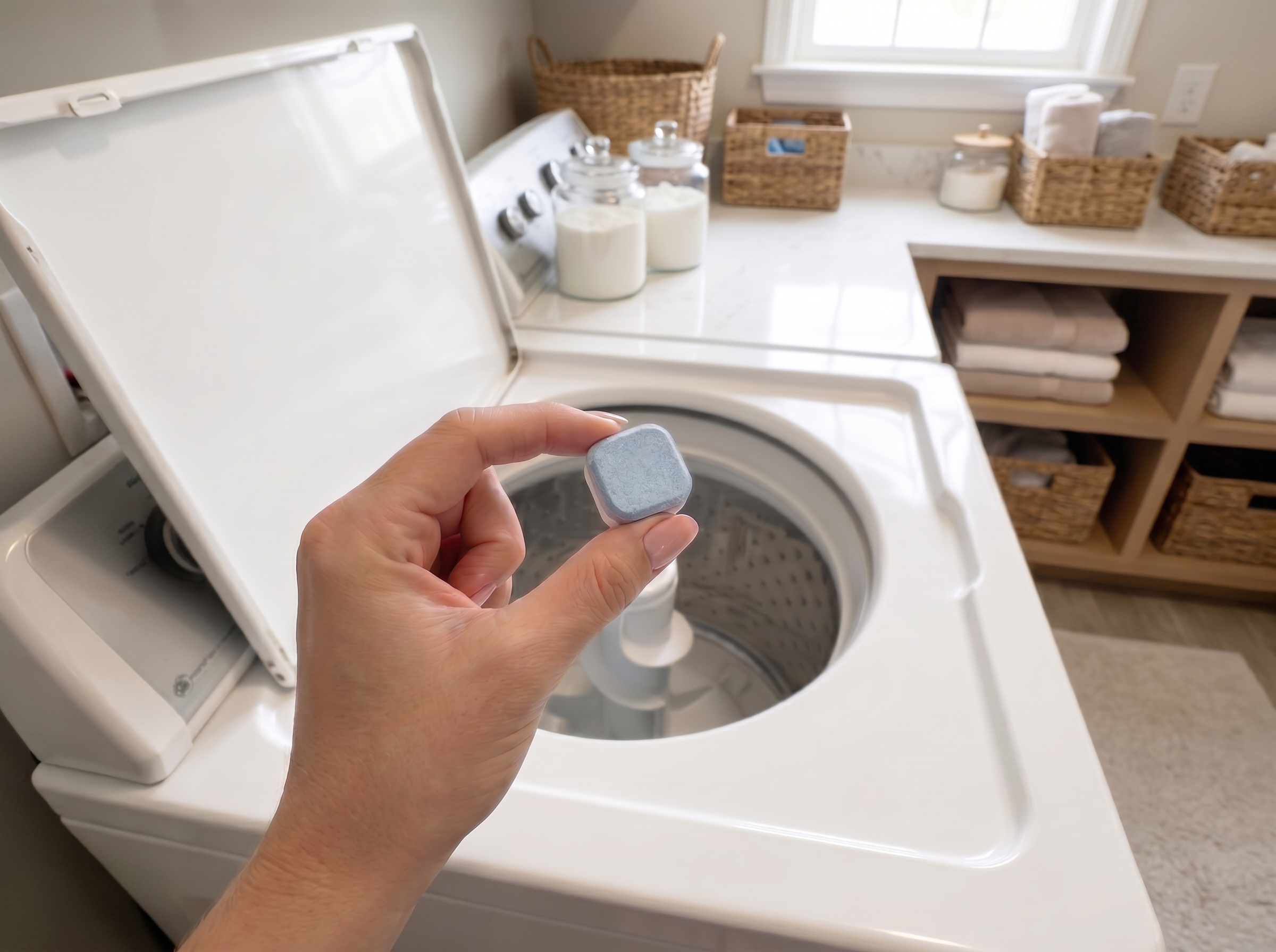 SepticSafe tablet dropping into washer drum