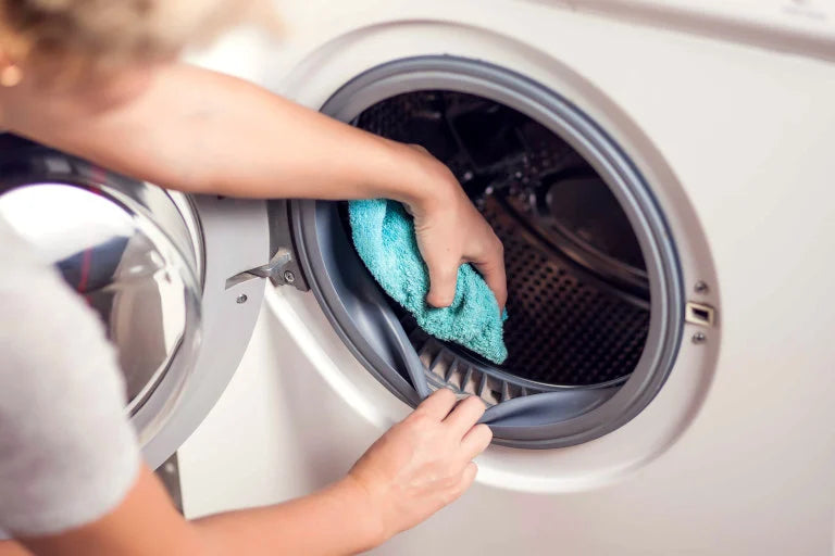 Person cleaning washing machine door gasket seal