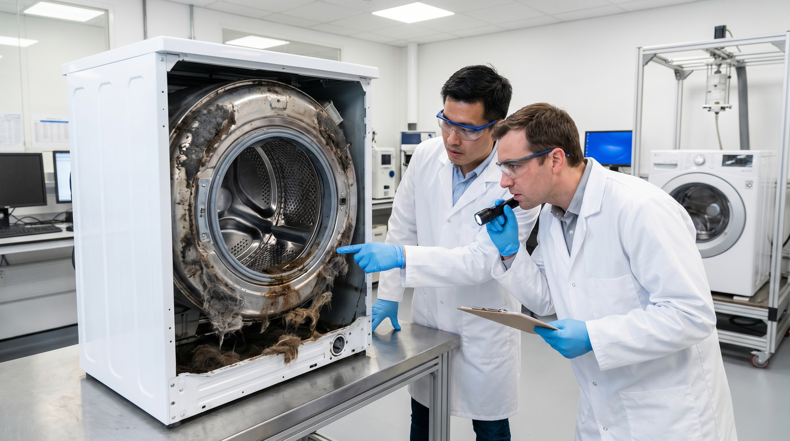Scientists examining washing machine internal buildup and contamination