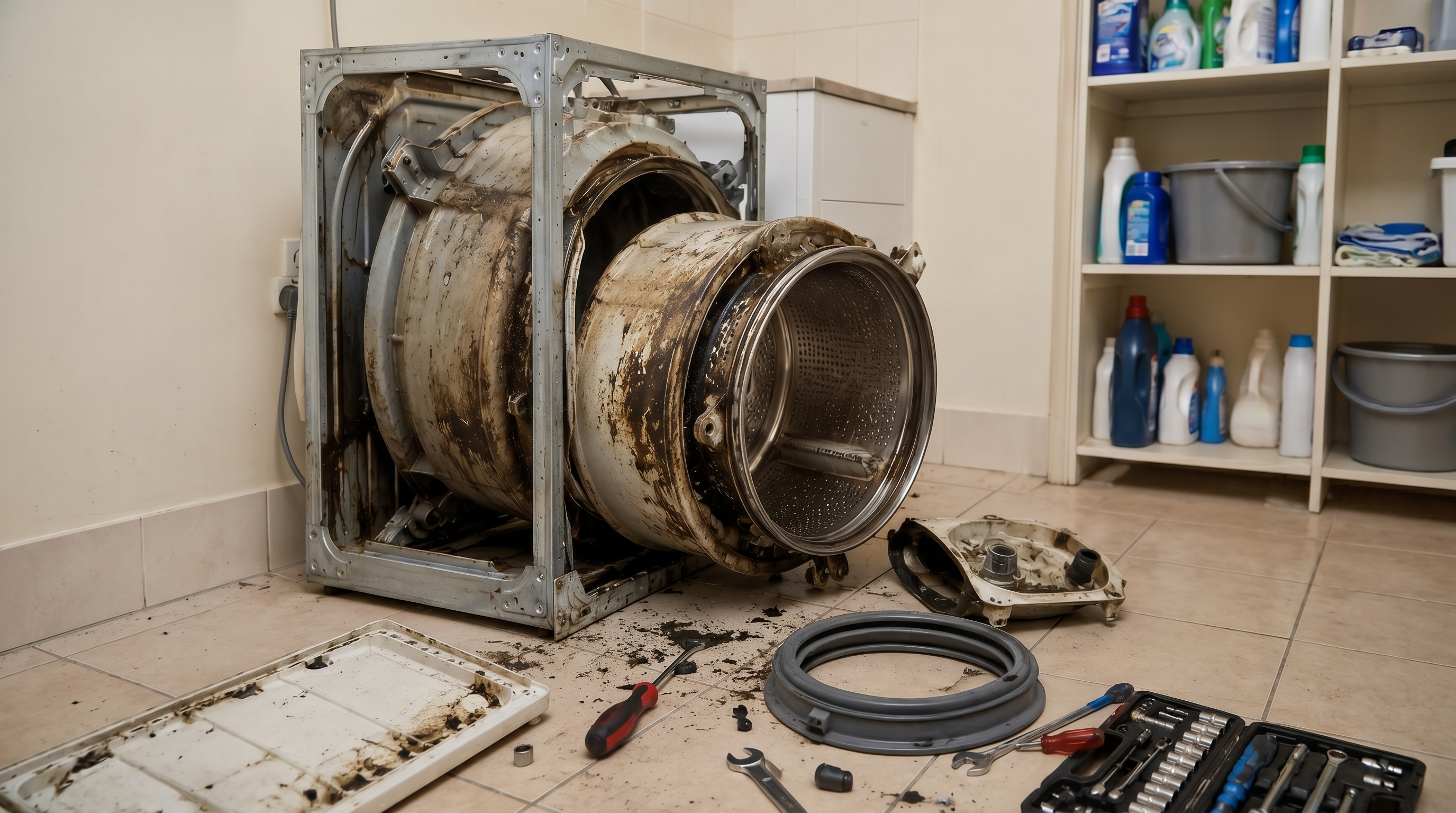 Disassembled washing machine showing internal buildup