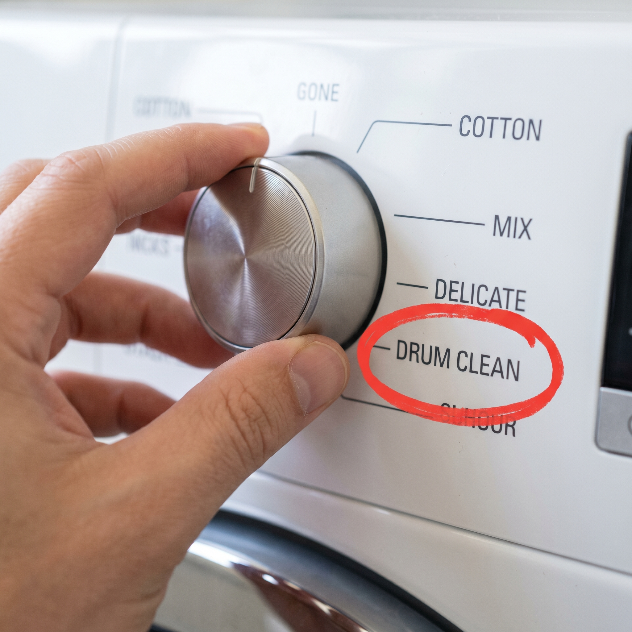 Washing machine dial showing Drum Clean setting