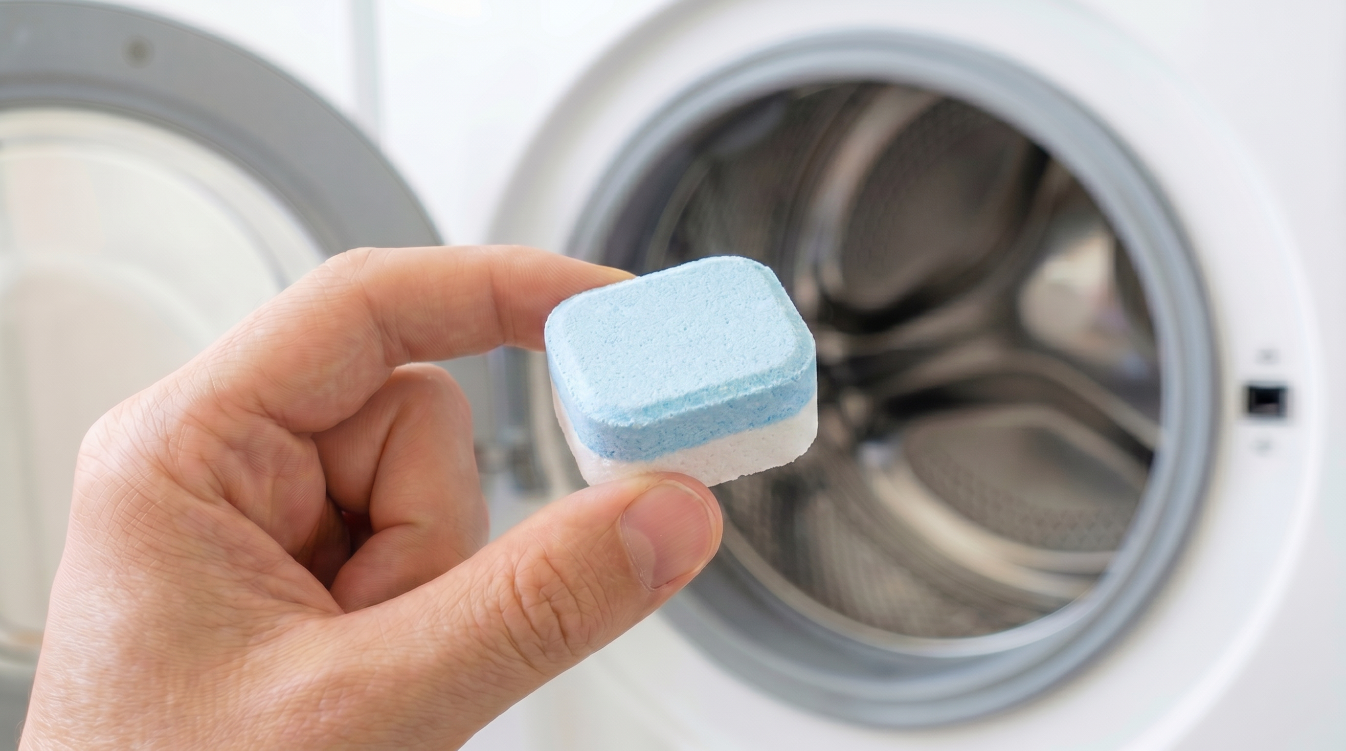 Hand holding SepticSafe tablet in front of open washing machine